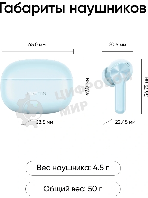 Наушники TWS Realme Buds T200x голубой, внутриканальные, Bluetooth, до 30 ч