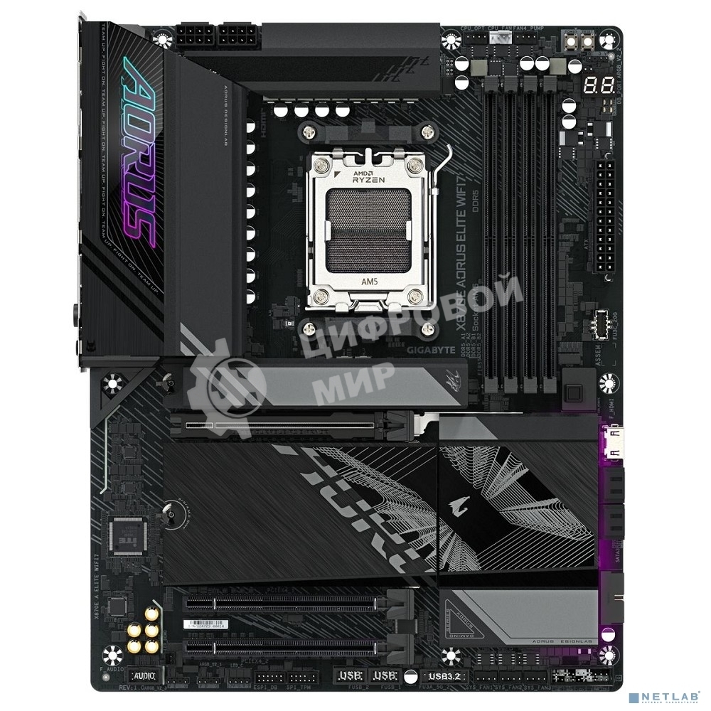 Материнская плата Gigabyte X870E AORUS ELITE WIFI7, AM5, AMD X870E, 4xDDR5, 4xSATA, 4xM.2, 1xPCI-E 5.0 x16, 1xPCI-E 4.0 x4, 1xPCI-E 3.0 x4, 1xHDMI, 1x 2.5Gb LAN, 4xUSB-A 3.2 Gen 1, 2xUSB-A 3.2 Gen 2, 4xUSB-A 2.0, 2xUSB-C 4.0, 2x3.5 мм, 7.1, ATX