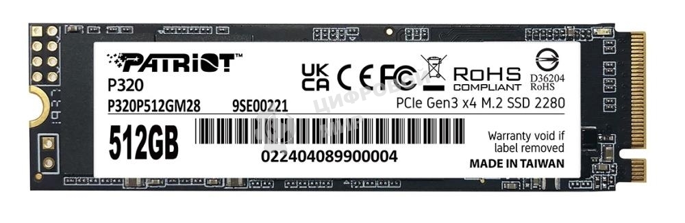 Накопитель SSD Patriot P320, 1Tb, PCIe 3.0 x4, M.2 2280, NVMe, R/W 3000/2200