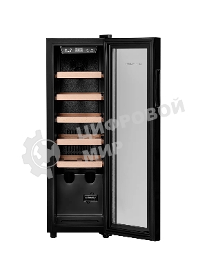 Винный шкаф Kuppersberg RSW 81, отдельностоящий, High-Tech, объем 45 л, вместимость 12 бутылок, диапазон температуры 5-20 градусов, механическое открытие двери, 5 полок из бука, LCD дисплей, уровень шума 38 дБ, черный