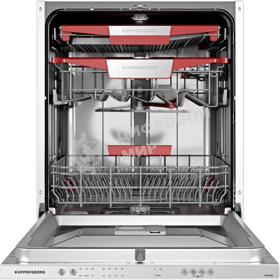 Встраиваемая посудомоечная машина Kuppersberg GIM 6092, High-Tech, 60 см, 15 комплектов, 7 программ, 3 корзины, конденсационная сушка, луч на полу, полная защита от протечек, индикатор отсутствия соли и ополаскивателя, отображение времени мытья, кнопочное
