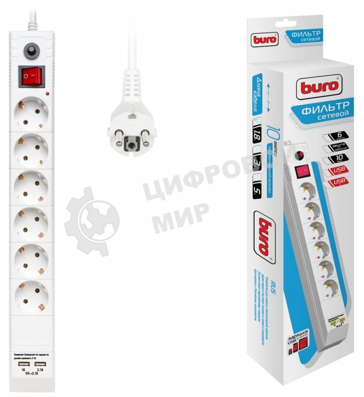 Сетевой фильтр Buro BU-SP1.8 USB 2A-W 1.8 м, 6 розеток, белый, коробка