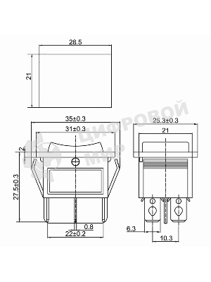 Выключатель клавишный Rexant 250V 15А (6с) ON-OFF-ON черный с нейтралью (RWB-508, SC-767) Индивидуальная упаковка 1 шт