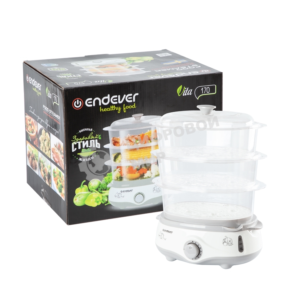 Пароварка электрическая Endever Vita-170, белый/серый, мощность 1000 Вт, объем 11 л