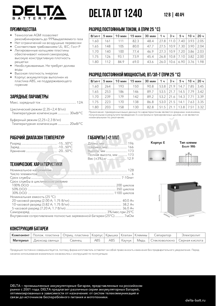 Батарея для ИБП Delta DT 1240 (12V, 40Ah)