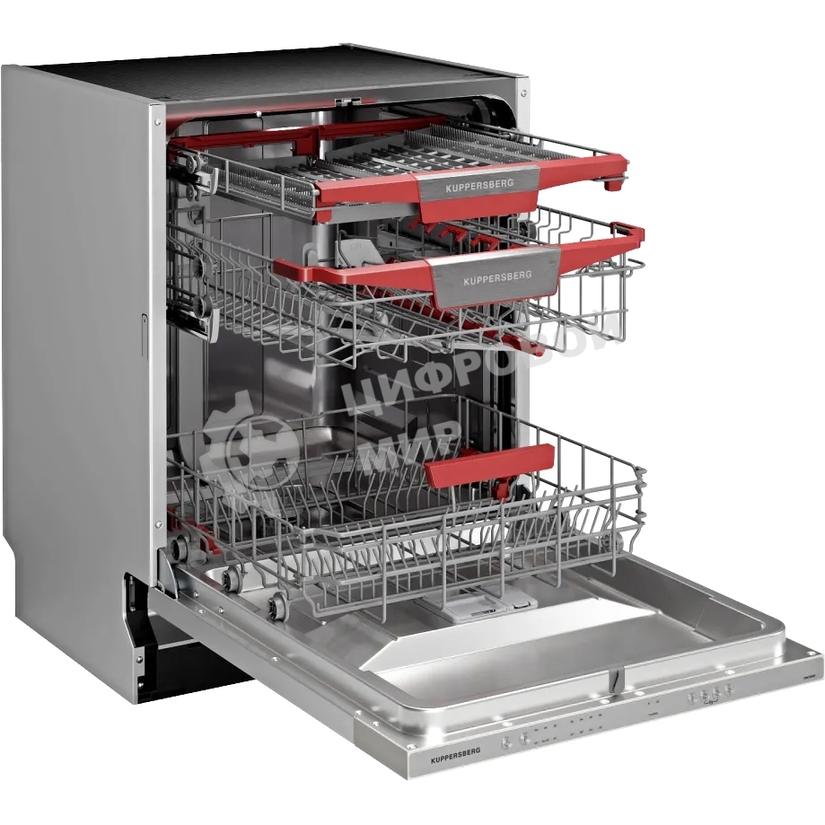 Встраиваемая посудомоечная машина Kuppersberg GIM 6092, High-Tech, 60 см, 15 комплектов, 7 программ, 3 корзины, конденсационная сушка, луч на полу, полная защита от протечек, индикатор отсутствия соли и ополаскивателя, отображение времени мытья, кнопочное