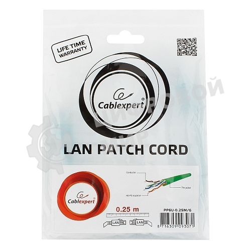 Патч-корд UTP Cablexpertcat.6, 0.25м, литой, многожильный, зеленый