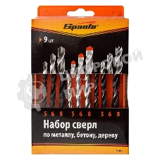 Набор сверл Sparta по бетону 5-6-8 мм, металлу 5-6-8 мм, дереву 5-6-8 мм, 9 шт. цилин. хвостовик