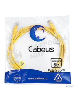 Патч-корд U/UTP, Cabeus PC-UTP-RJ45-Cat.5e-3m-YL-LSZH категория 5е, 2xRJ45/8p8c, неэкранированный, желтый, LSZH, 3м