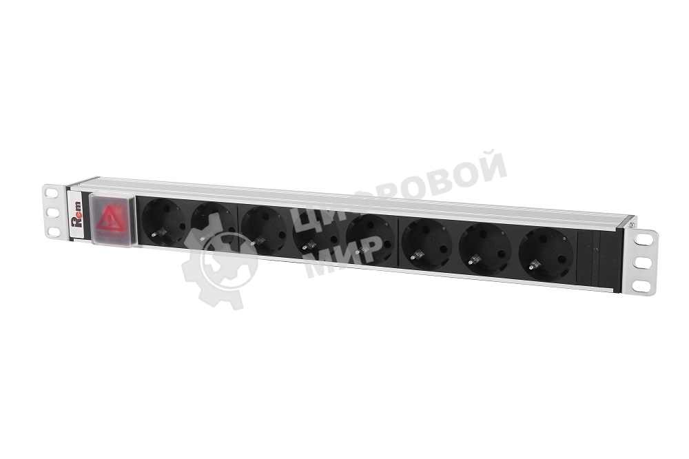 Блок розеток Rem-10 без шнура с выкл., 8 Sсhuko, вход IEC 60320 C14, 10A, алюм., 19