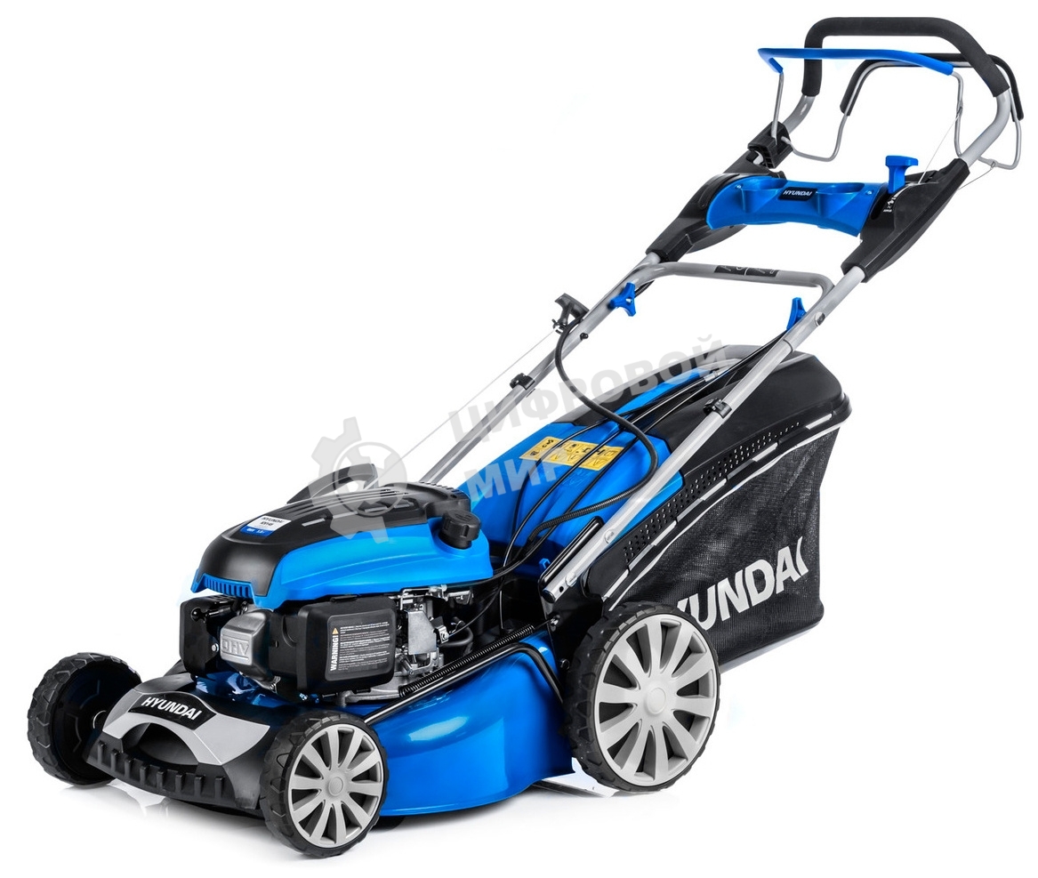 Бензиновая газонокосилка Hyundai L 4610SE самоходная, электрозапуск, двигатель Hyundai ICV145,4-х такт, 3.5 л.с./145 см3, Ширина среза 45,7 см, Высота среза 25-75 мм, 35 кг