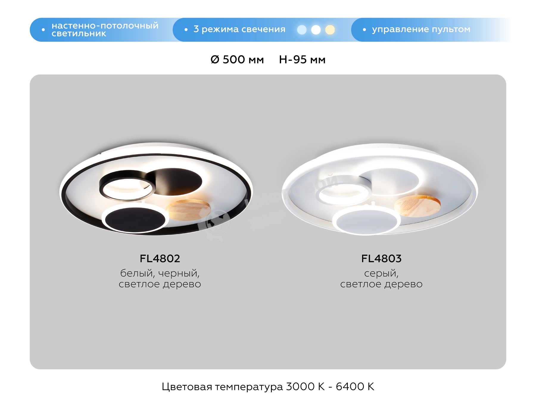 Светильник Ambrella light FL4803 GR серый 3000K-6400K 70W D500*95 (ПДУ ИК)