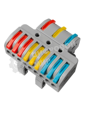 Клемма СМК Rexant 3х3D проходная разветвительная 3 полюса на DIN-рейку (0,08-4 мм²) (1 ввод, 3 вывода на полюс) серый (15 шт/уп)