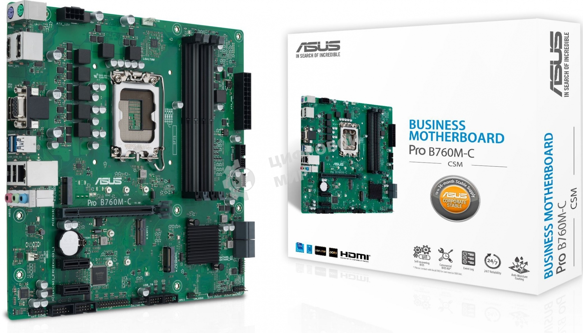 Материнская плата ASUS Pro B760M-C-CSM, LGA 1700, Intel B760, 4xDDR5, 4xSATA, 2xM.2, 1xPCI-E 4.0 x16, 2xPCI-E x1, 1x 1Gb LAN, 2xUSB-A 2.0, 2xUSB-A 3.2 Gen 1, 1xHDMI, 1xVGA, 2xDP, 3x3.5 мм, 7.1, Micro-ATX