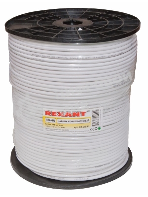 Кабель коаксиальный Rexant RG-6U+Cu, 75 Ом, Cu/Al/Cu, 64%, бухта 305 м, белый