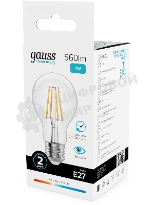 Лампа светодиодная филаментная Gauss Filament 7Вт цок.:E27 груша св.свеч.бел.нейт. (упак.:10шт)
