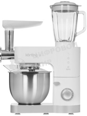 Кухонная машина Korting KKM 0105 Polar мощность 1200 Вт, 7 насадок (планетарный миксер с 3-мя насадками, мясорубка, насадка для колбас, насадка для кеббе, насадка-блендер), объем чаши 5.5 л, 8 скоростей, импульсный режим, механическое управление, белый