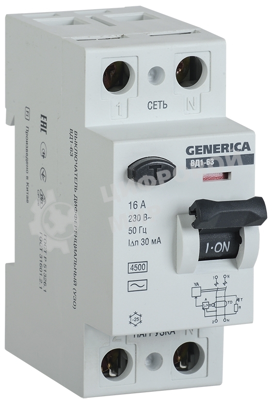 Выключатель дифференциального тока УЗО IEK MDV15-2-032-030 ВД1-63 2Р 32А 30мА GENERICA