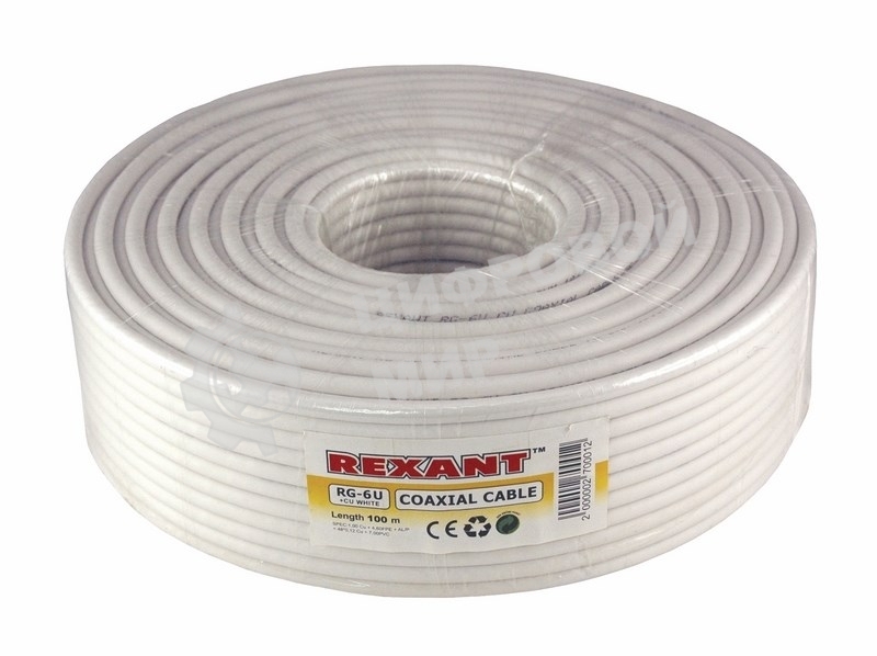 Кабель коаксиальный Rexant RG-6U+Cu, 75 Ом, Cu/Al/Cu, 64%, бухта 100 м, белый