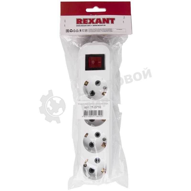 Колодка 4 гнезда Rexant с кнопкой c заземлением