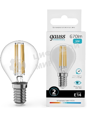Лампа светодиодная филаментная Gauss Filament 10Вт цок.: E14 шар св. свеч. бел. нейт. (упак.: 10 шт)