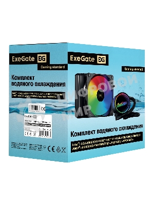 Комплект жидкостного охлаждения ExeGate BlackWater-120V3.PWM.RGb (RGb подсветка, LGA2066/2011/1366/1150/1151/1155/1156/1200/1700/1851/AM4/AM5/FM1/FM2/FM2+/AM2/AM2+/AM3/AM3+, TDP 150W, Fan 120мм 4pin PWM 600-1800RPM Hydro bearing, помпа 3pin 2700RPM, макс. шум 37db, с термопастой, на винтах, черный, Color Box)