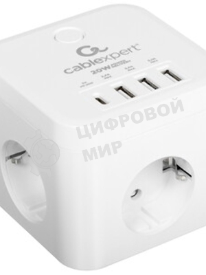 Сетевой фильтр Cablexpert Cube CUBE-3-CU3-W-1.5, 3 р, 10А, 1xType-C PD, 3xUSB, 1.5 м, ур.защиты 4+, белый, коробка