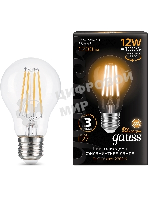 Лампа светодиодная Gauss Filament 102902112 12Вт цок.: E27 груша 185B св. свеч. белый теп. грушевидная (упак.: 10 шт)