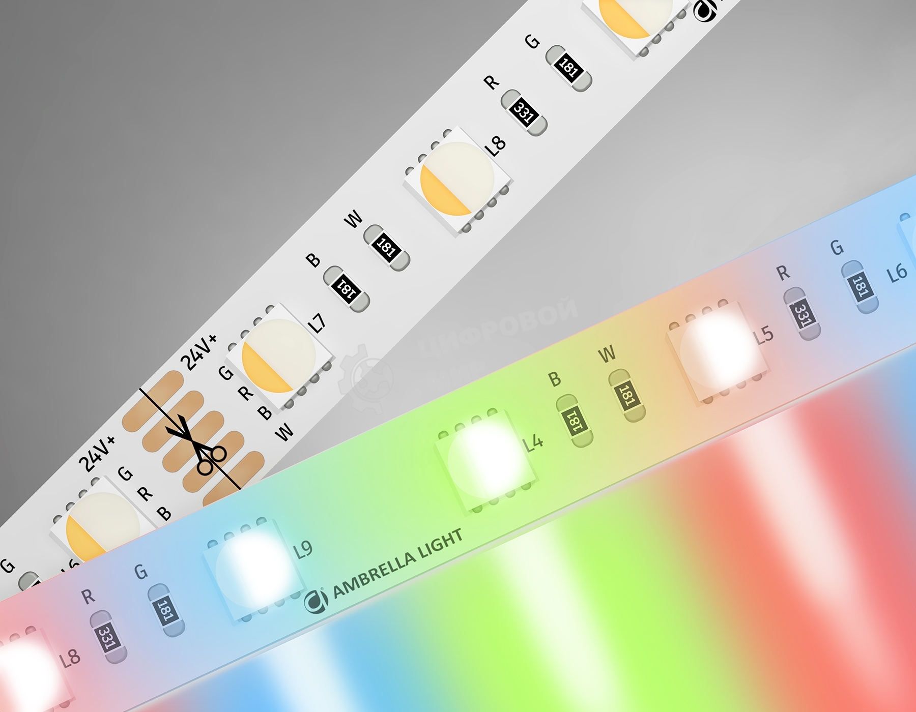Светодиодная лента Ambrella light GS4403 5050 60Led/ 10W m/ 24V IP20 RGBW+6500K/ 5000*10*1.87mm (5 конт.)