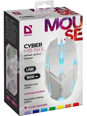 Мышь проводная Defender Cyber MB-560L белый, 1200 dpi, USB, кнопки - 3