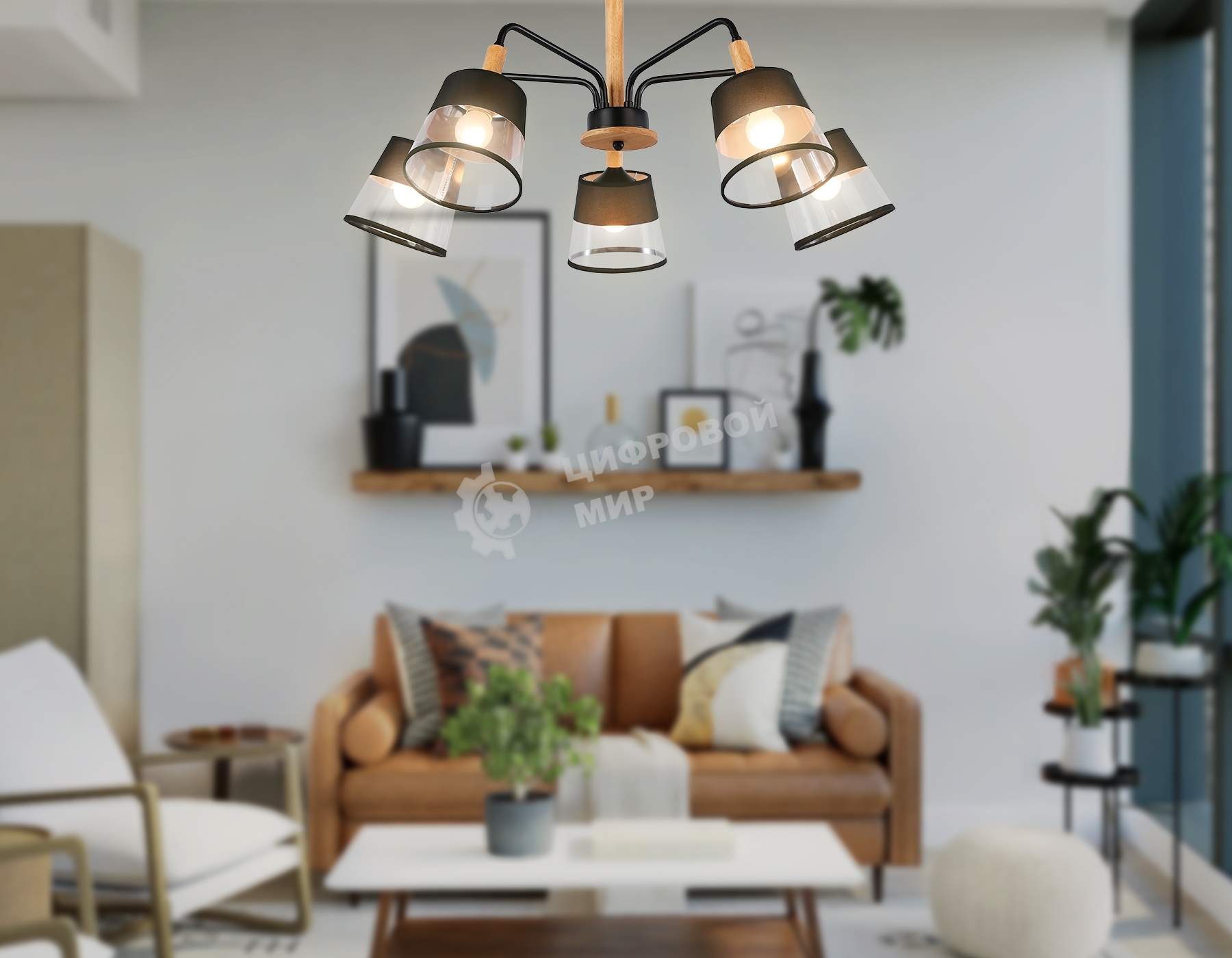 Светильник Ambrella light TR4741/5 BK/LW черный/светлое дерево E27/5 max 40W D760*350