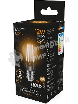 Лампа светодиодная Gauss Filament 102902112 12Вт цок.: E27 груша 185B св. свеч. белый теп. грушевидная (упак.: 10 шт)