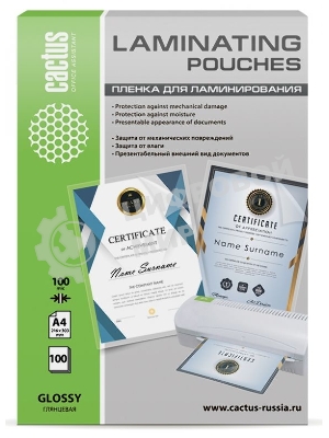 Пленка для ламинирования Cactus 100мкм A4 (100 шт) глянцевая 216x303 мм CS-LPGA4100100