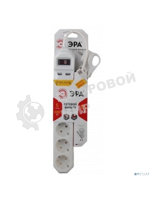 Сетевой фильтр ЭРА белый USF-5es-1.5m-USB-W с заземл 3x0.75мм2 с выкл 5гн+2USB 1.5м