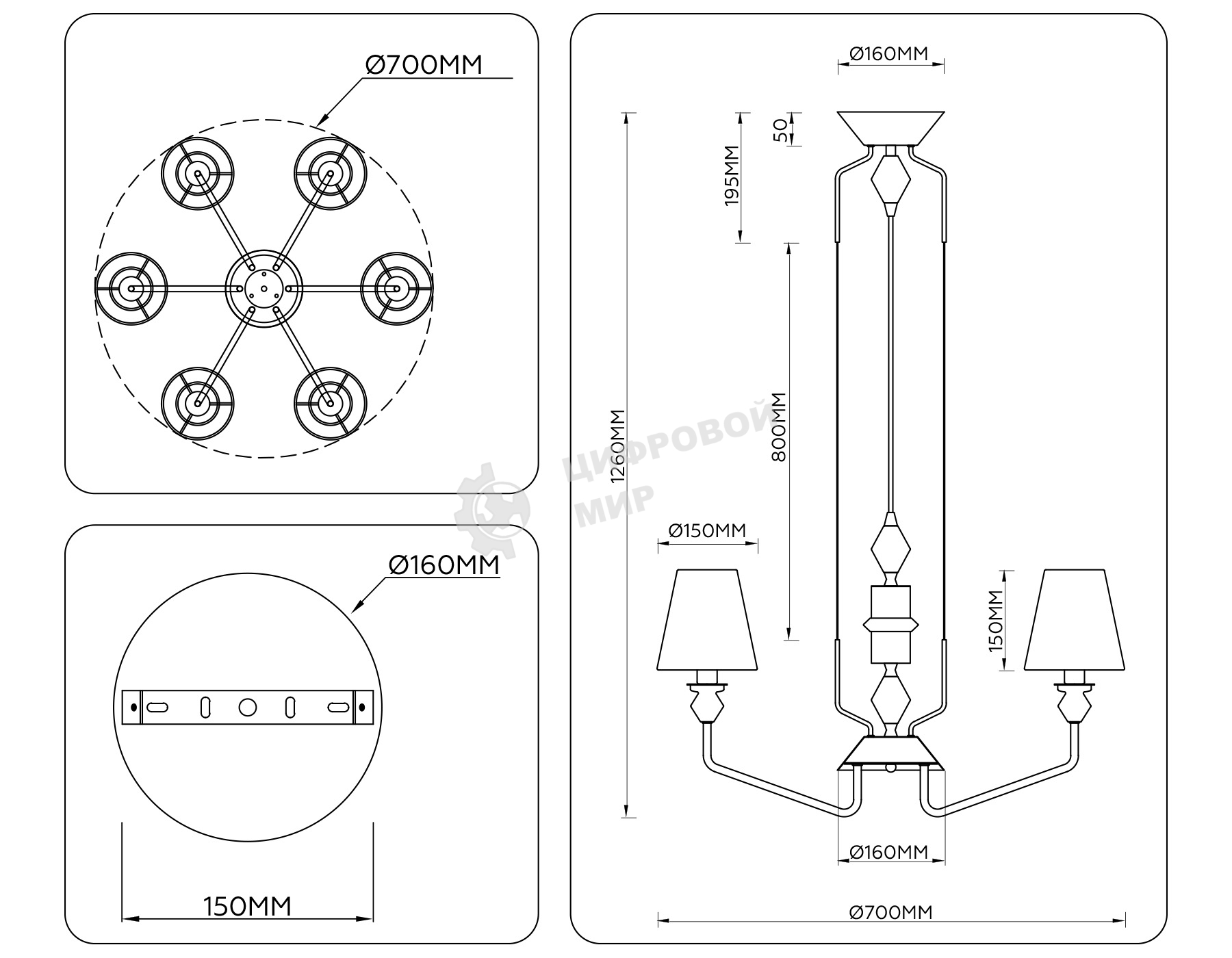 Люстра Ambrella light LH75401/6 GD/GR золото/серый E14*6 max 40W D700*1260