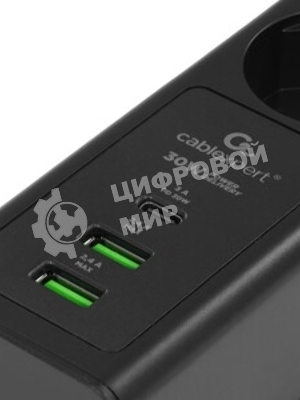 Сетевой фильтр Cablexpert Exnovo, EXN-4-CU2-B-2, 4р,16А, 1xType-C PD, 30Вт, 2хUSB, 2 м, ур. защиты 4+, черный, коробка