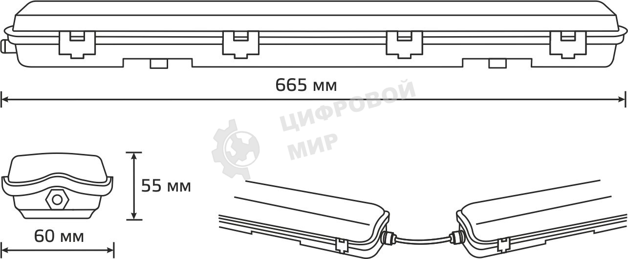 Светильник линейный Gauss СПП-Т8-G13 LITE 220-230V IP65 665x60x55мм для LED ламп 1х600мм 1/16