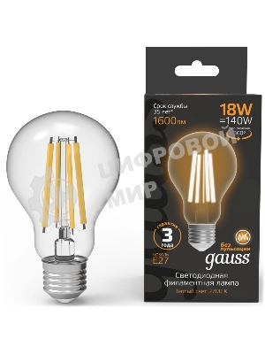 Лампа светодиодная филаментная Gauss Filament 18Вт цок.:E27 груша св.свеч.бел.теп. (упак.:10шт)