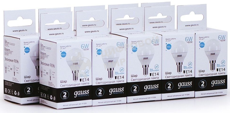 Лампа светодиодная Gauss Elementary 6Вт цок.: E14 шар 220B 4100K св. свеч. бел. ней. (упак.: 10 шт)
