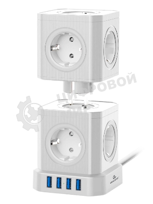 Сетевой фильтр Cablexpert Tower TWR-9-U4-W-2, 9 р, 16А, 4хUSB, 3.1А, 2 м, ур.защиты 4+, белый, коробка