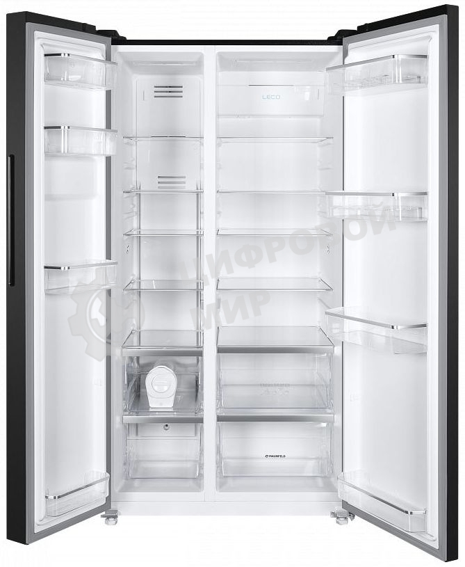 Холодильник Maunfeld MFF177NFSB черный глянц. двухкамерный 263/170л морозилка сбоку, No Frost, Side by Side