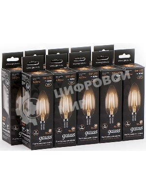 Лампа светодиодная филаментная Gauss 5Вт цок.: E14 свеча 220B 2700K св. свеч. бел.теп. C37 (упак.: 10 шт) (103801105)