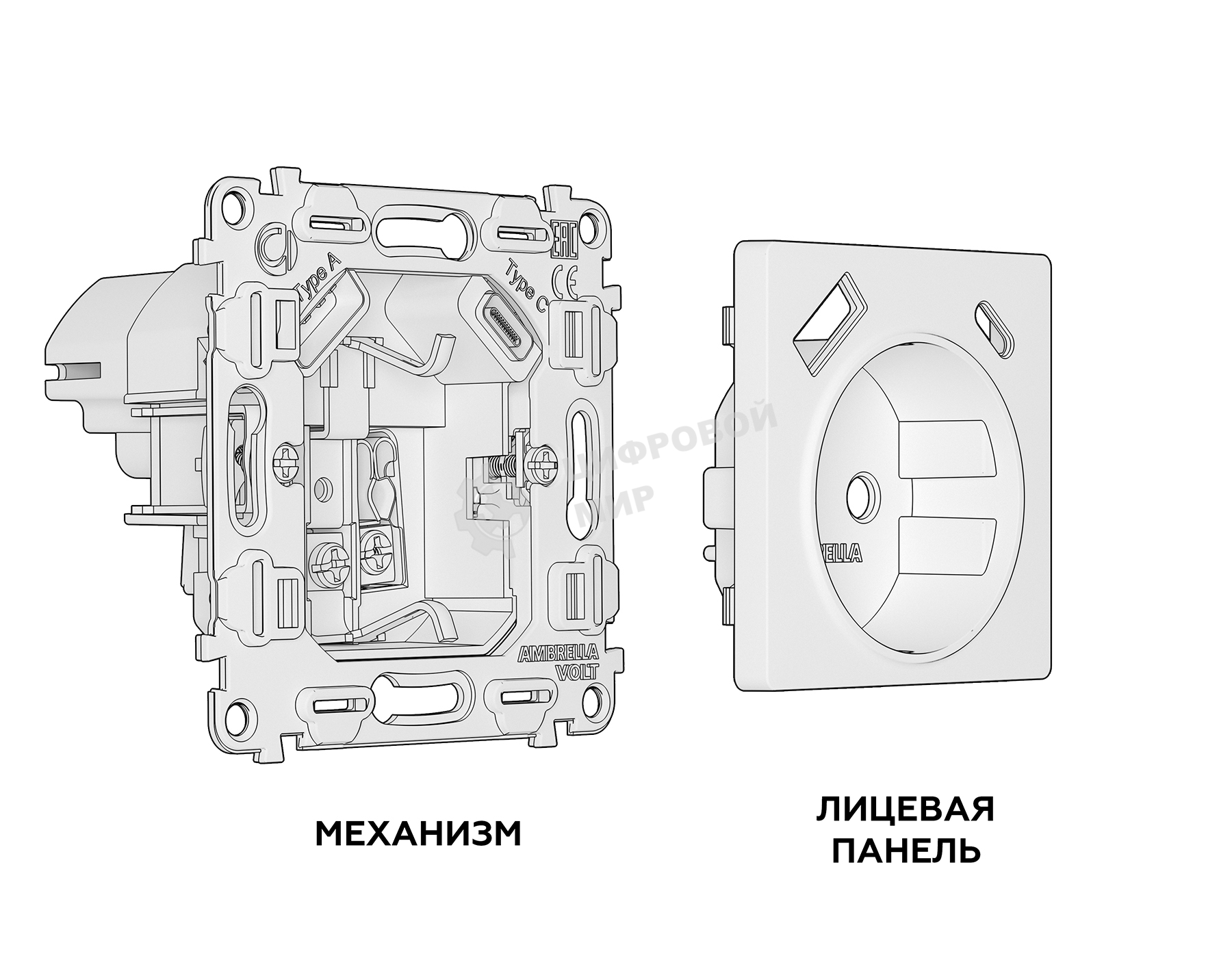 Комплект механизма электрической розетки ALFA Жемчуг 2USB A+C 20W (быстрая зарядка) с/з QUANT (AP2100, VM160) MA210010