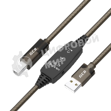 Кабель активный GCR 5.0m USB 2.0, AM/BM, черно-прозрачный, с усилителем сигнала, разъем для доп.питания, 28/24 AWG