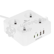 Сетевой фильтр Cablexpert Plate, PLT-4-C2U2-W-2, 4р, 10А, 2xType-C PD, 20Вт, 2xUSB, 2.4A, 2 м, ур. защиты 4+, белый, коробка