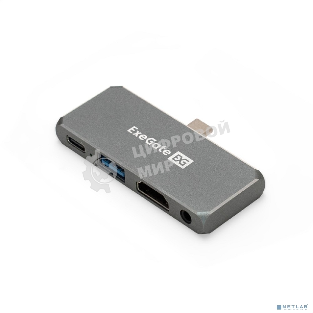 USB-концентратор 5-в-1 ExeGate DUB-31C/PD/HA (кабель-адаптер USB Type-C --> 1xUSB3.0 + Type-C DATA (480Mb/s) + PD 100W + HDMI 4K@30Hz + Audio, Plug&Play, подходит для iPad Pro и мобильных телефонов, серый)