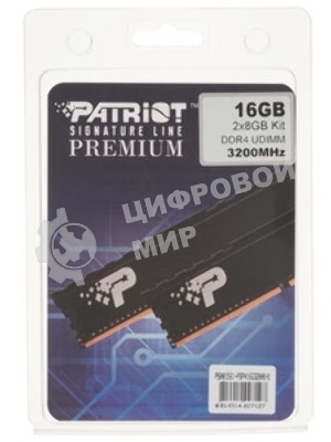 Оперативная память Patriot Signature, DDR4, 16GB (2x8 GB), 3200 MHz, CL22, DIMM