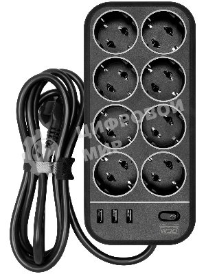 Сетевой фильтр Powercom SP-08 USB03AB 3,0 m 3.0м, 8 розеток, черный, коробка