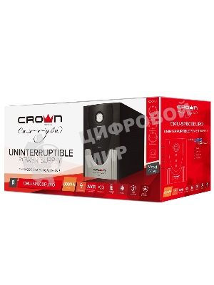 Источник бесперебойного питания CROWN Line Intractive CMU-SP800EURO USB 800VA\480W, корпус металл, 1x12V/9AH, розетки 4*EURO+1*IEC bybass, трансформатор AVR 140-290V, cъемный кабель 1.2 м, порт RJ11/45, порт USB, защита: от перегрузки, от КЗ, от скачков напряжения