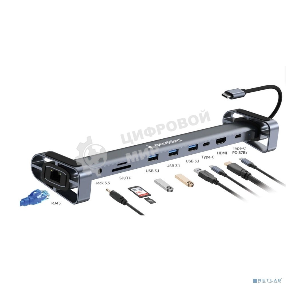 Концентратор USB Type-C Gembird UHB-D5, 10в1: 3xUSB3.1, Type-C PD87W, Jack 3.5, SD/TF, HDMI, RJ45, Type-C, кабель 14см, алюминий